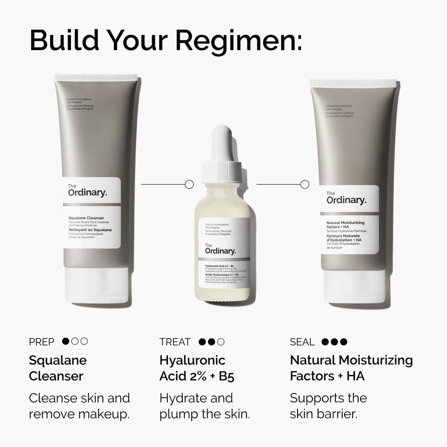 Build an everyday regimen with Squalane Cleanser, Hyaluronic Acid 2% + B5, and Natural Moisturizing Factors + HA